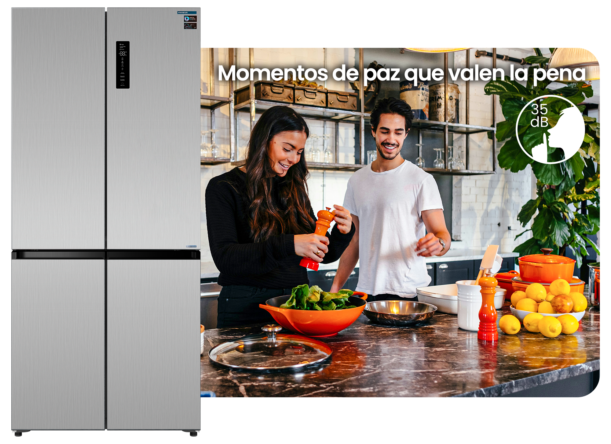 Pareja cocinando feliz debido a que el AMCB-580CD90XEH tiene Compresor Silent Design Pareja cocinando feliz debido a que el AMCB-580CD90XEH tiene Compresor Silent Design