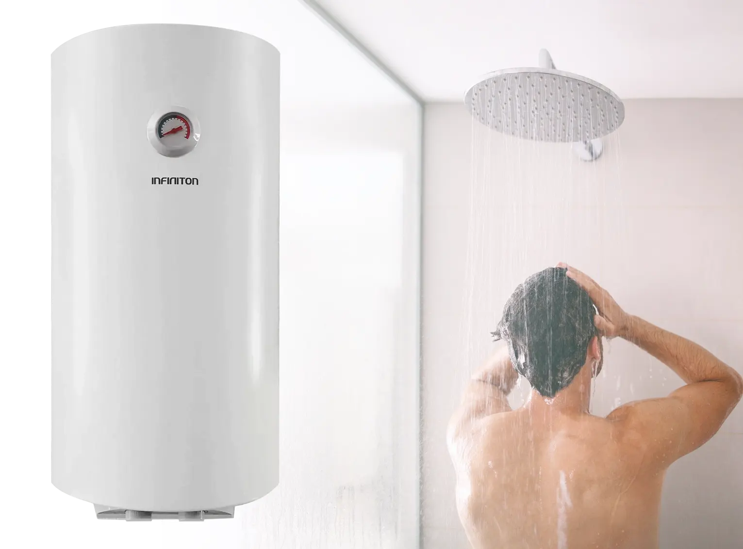 Montaje del termo y una persona en la ducha