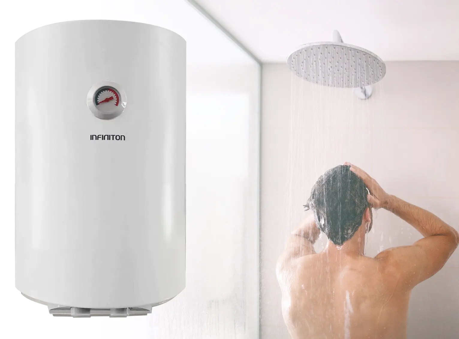 Montaje del termo y una persona en la ducha