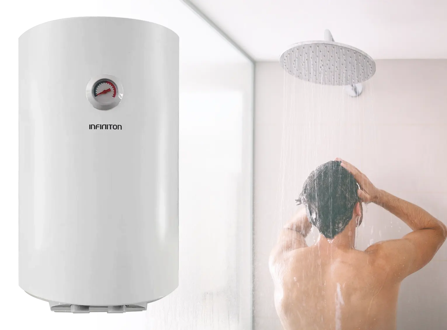 Montaje del termo y una persona en la ducha