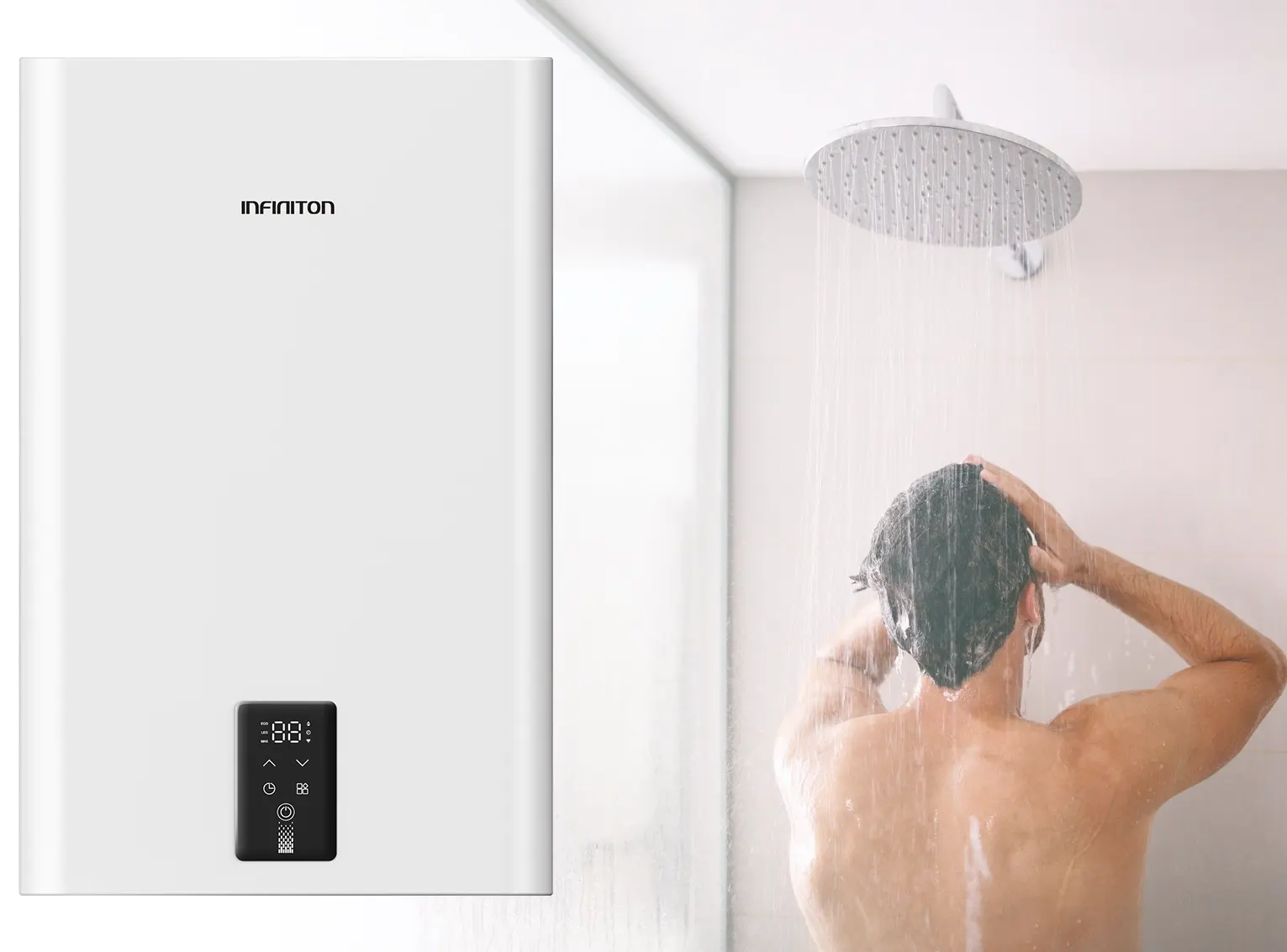 Montaje del termo y una persona en la ducha