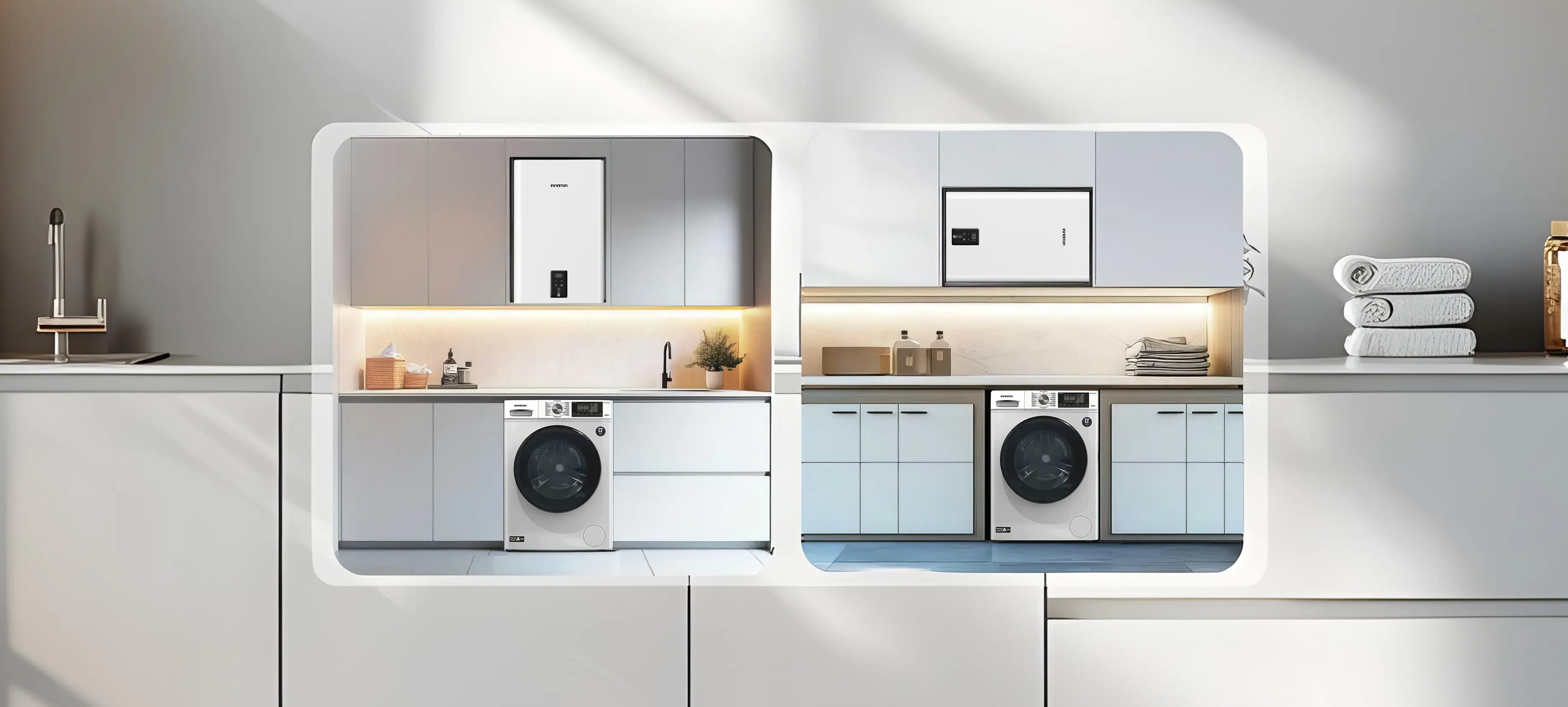 Montaje de dos cocinas con el termo instalado en un mueble, una en posición horizontal y otra en vertical