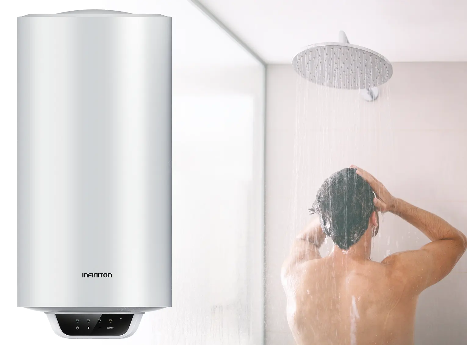 Montaje del termo y una persona en la ducha