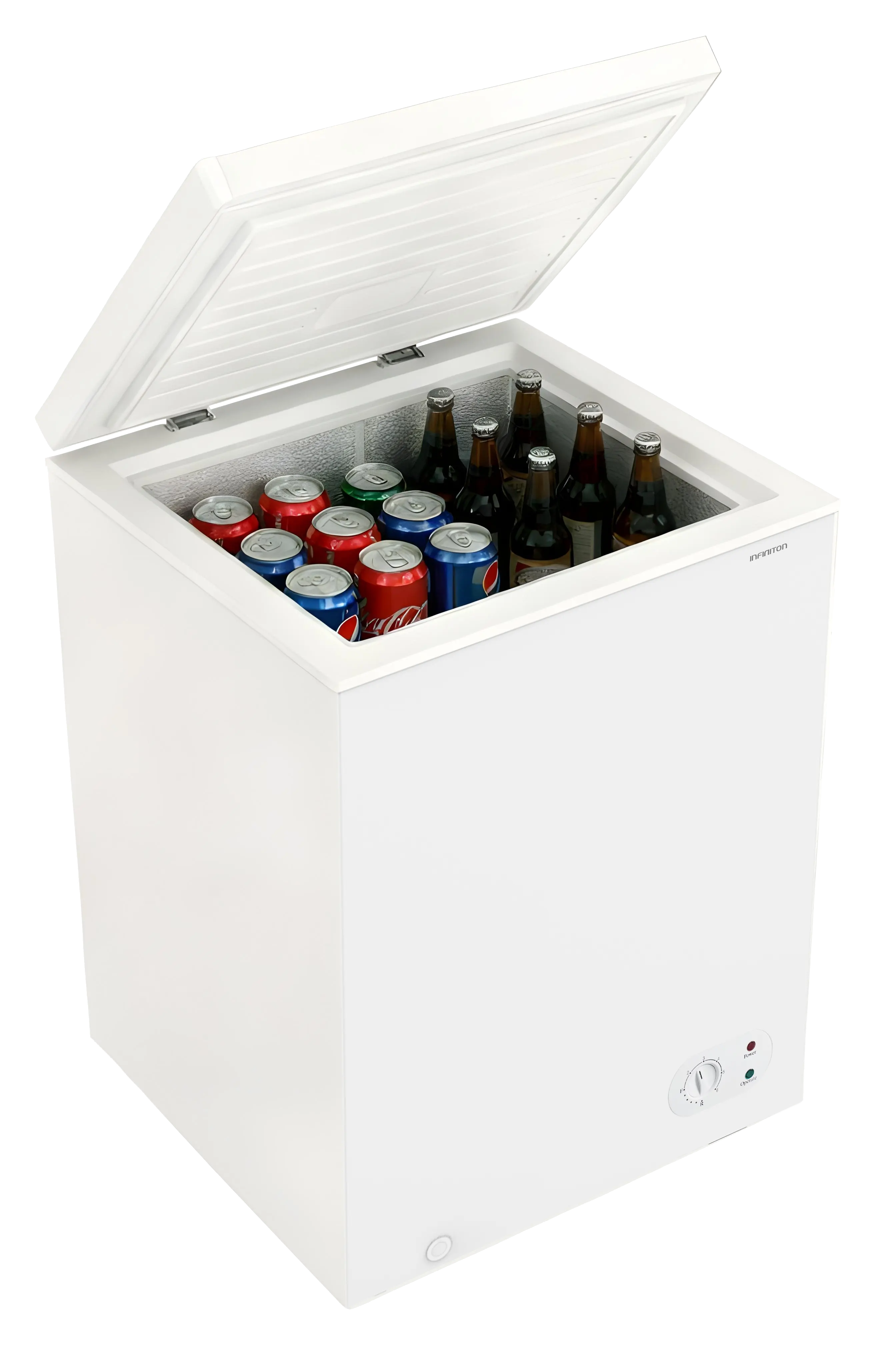 Congelador CH-10H85BEM abierto con refrescos y cervezas en su interior