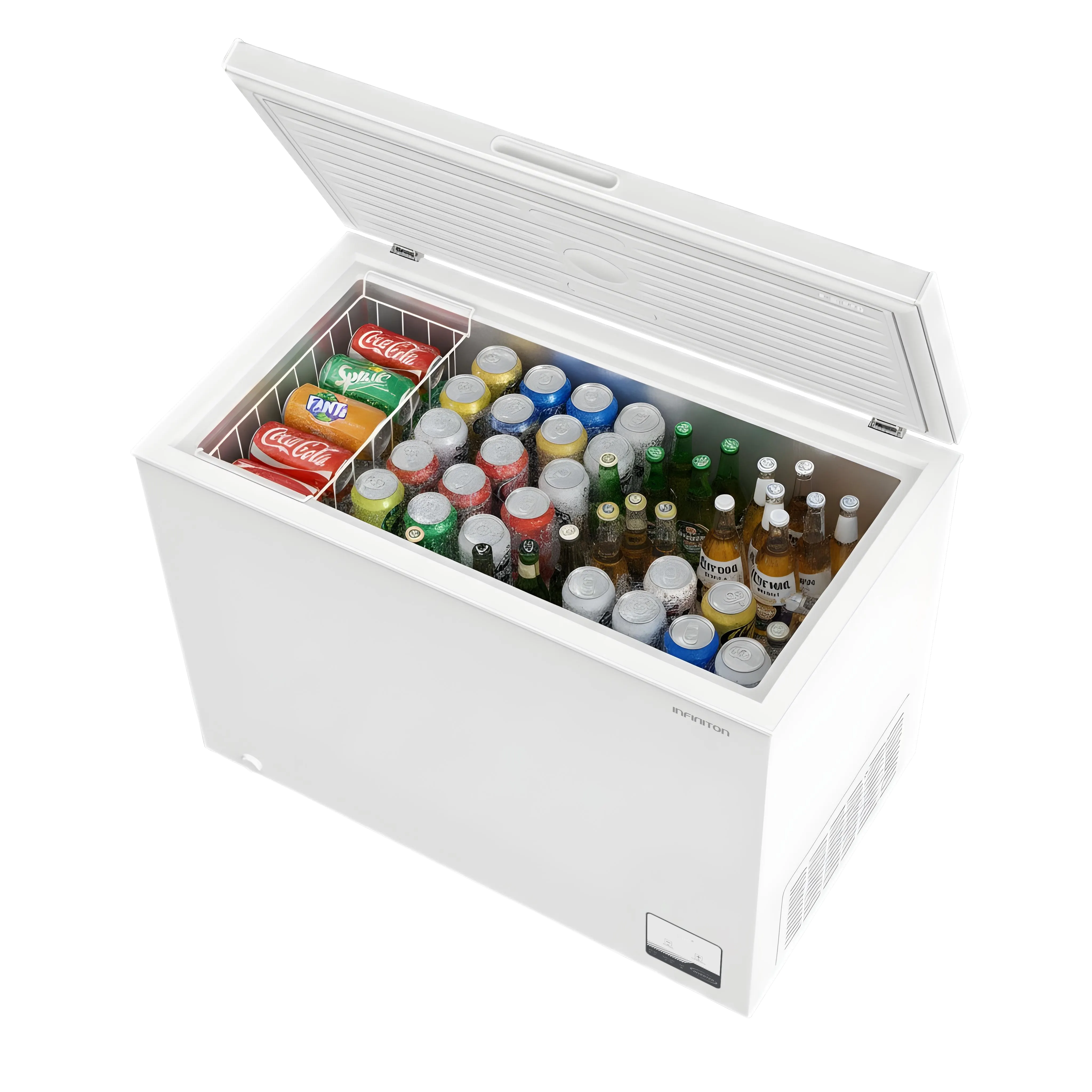 Congelador CH-25H86WEK abierto con refrescos y cervezas en su interior