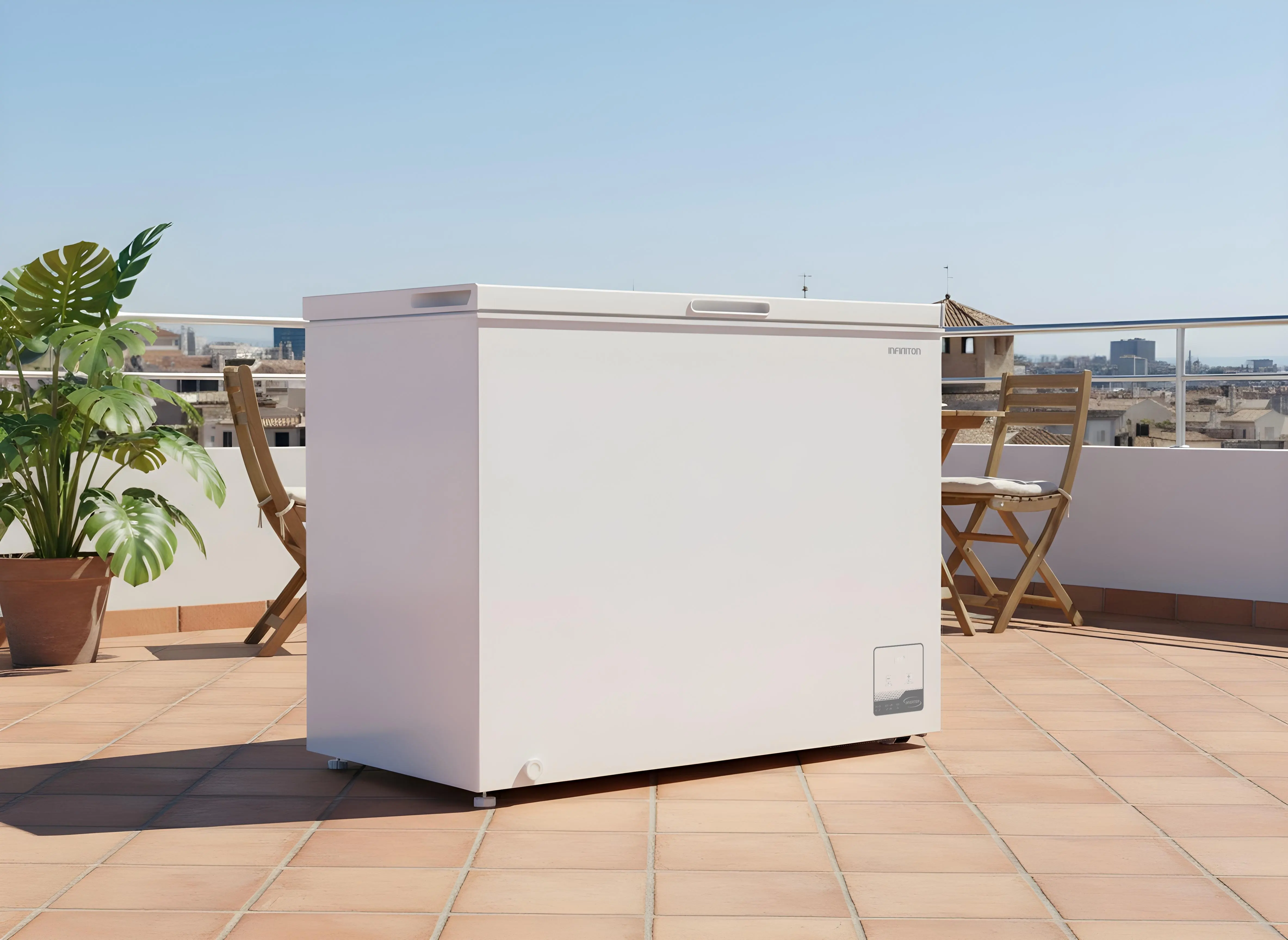 Fotografía del arcón situado en una terraza soleada