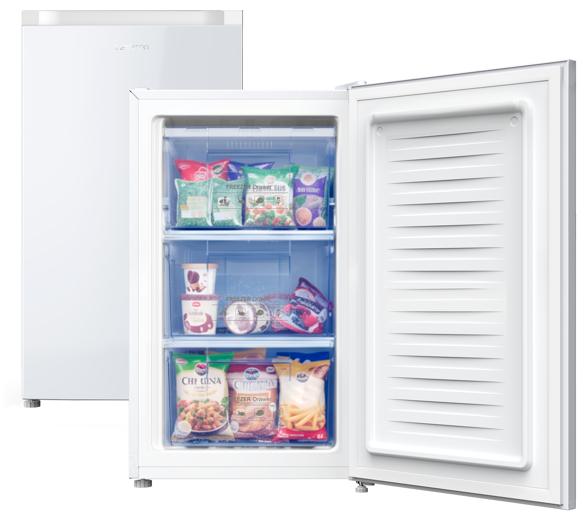 Congelador CV-85L8BDD cerrado y abierto