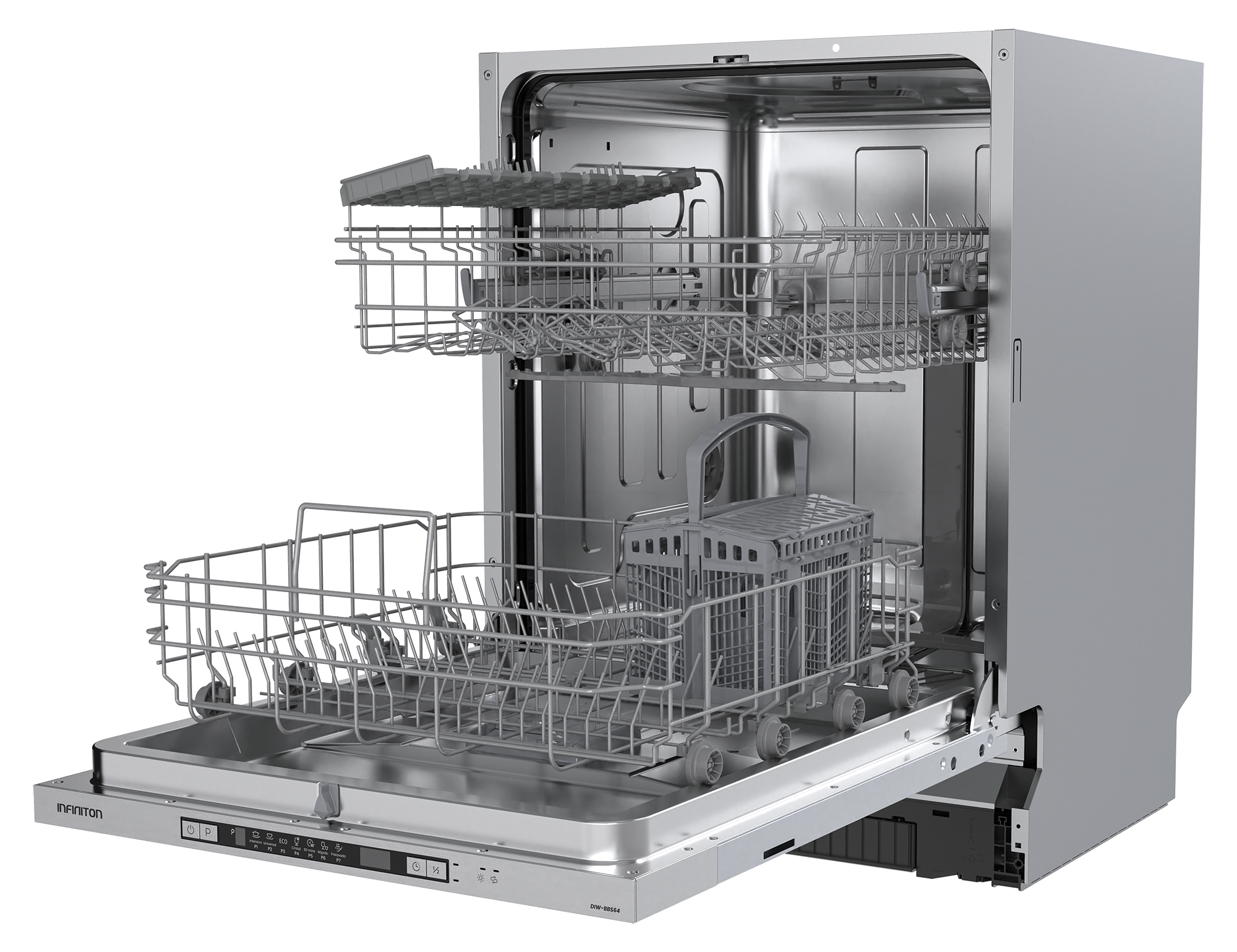 Lavavajillas abierto con una flecha indicando la apertura