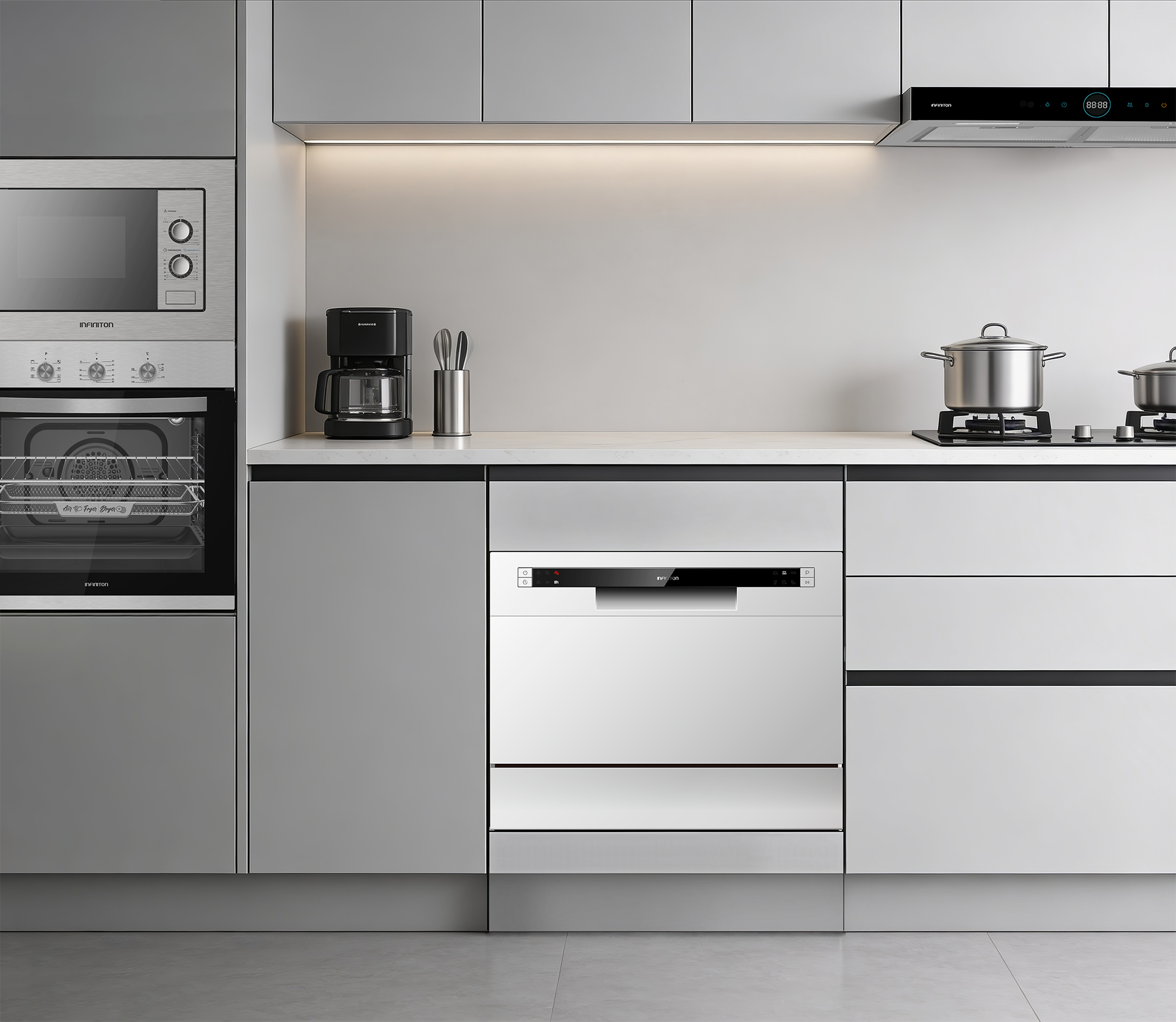 Cocina moderna con electrodoméstico Infiniton y el lavavajillas DIW-DT6A