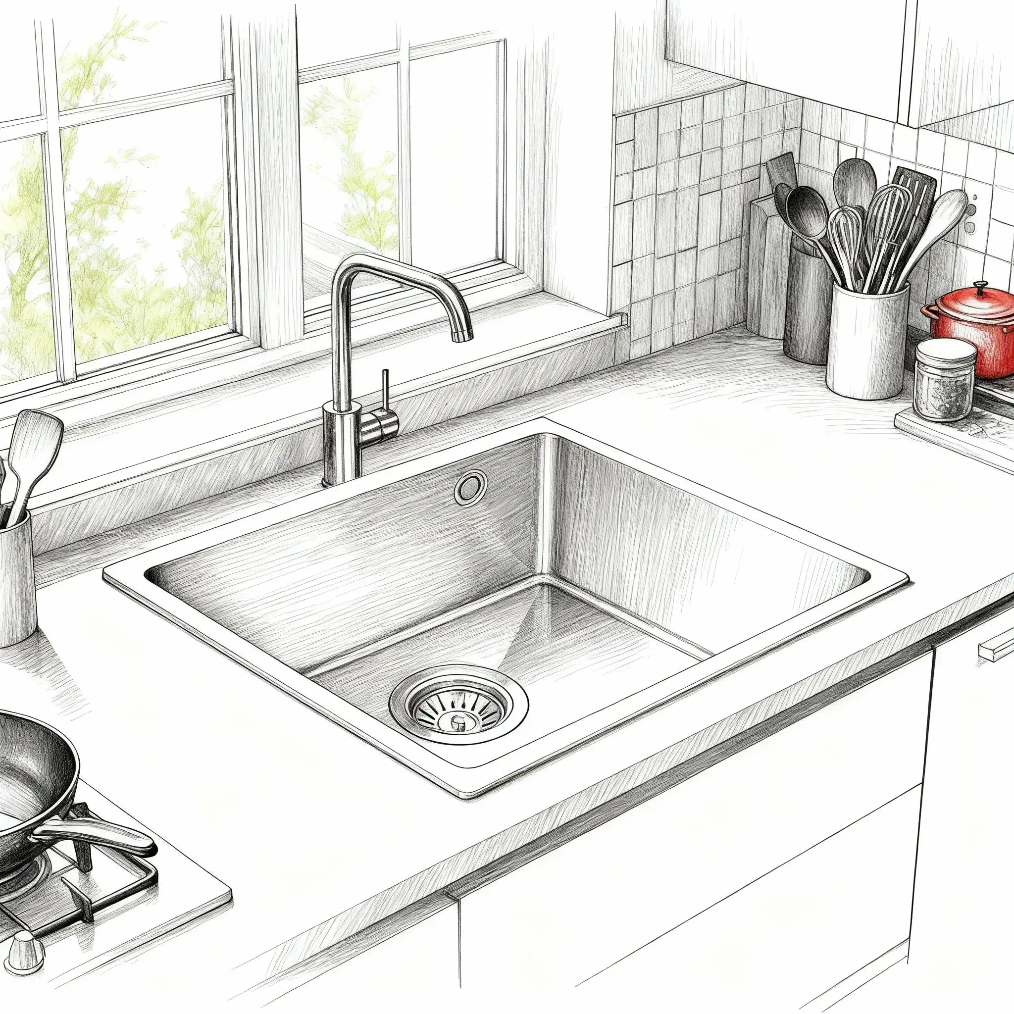 Boceto en blanco y negro del fregadero Disfrutar50.40 en una cocina