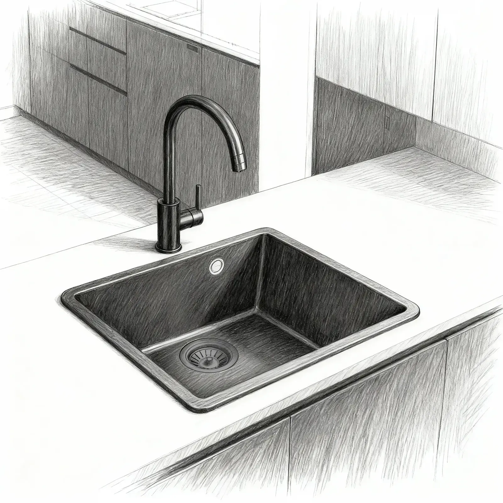 Boceto en blanco y negro del fregadero Disfrutar40.40QZ en una cocina