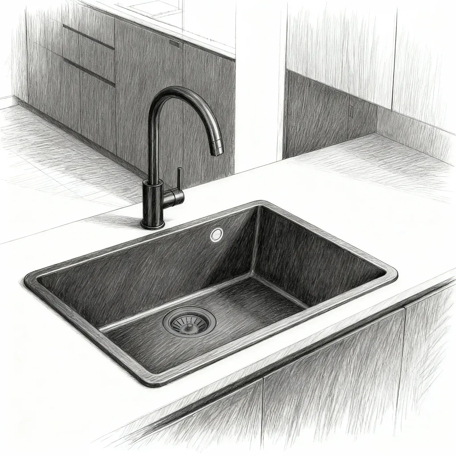 Boceto en blanco y negro del fregadero Disfrutar50.40QZ en una cocina