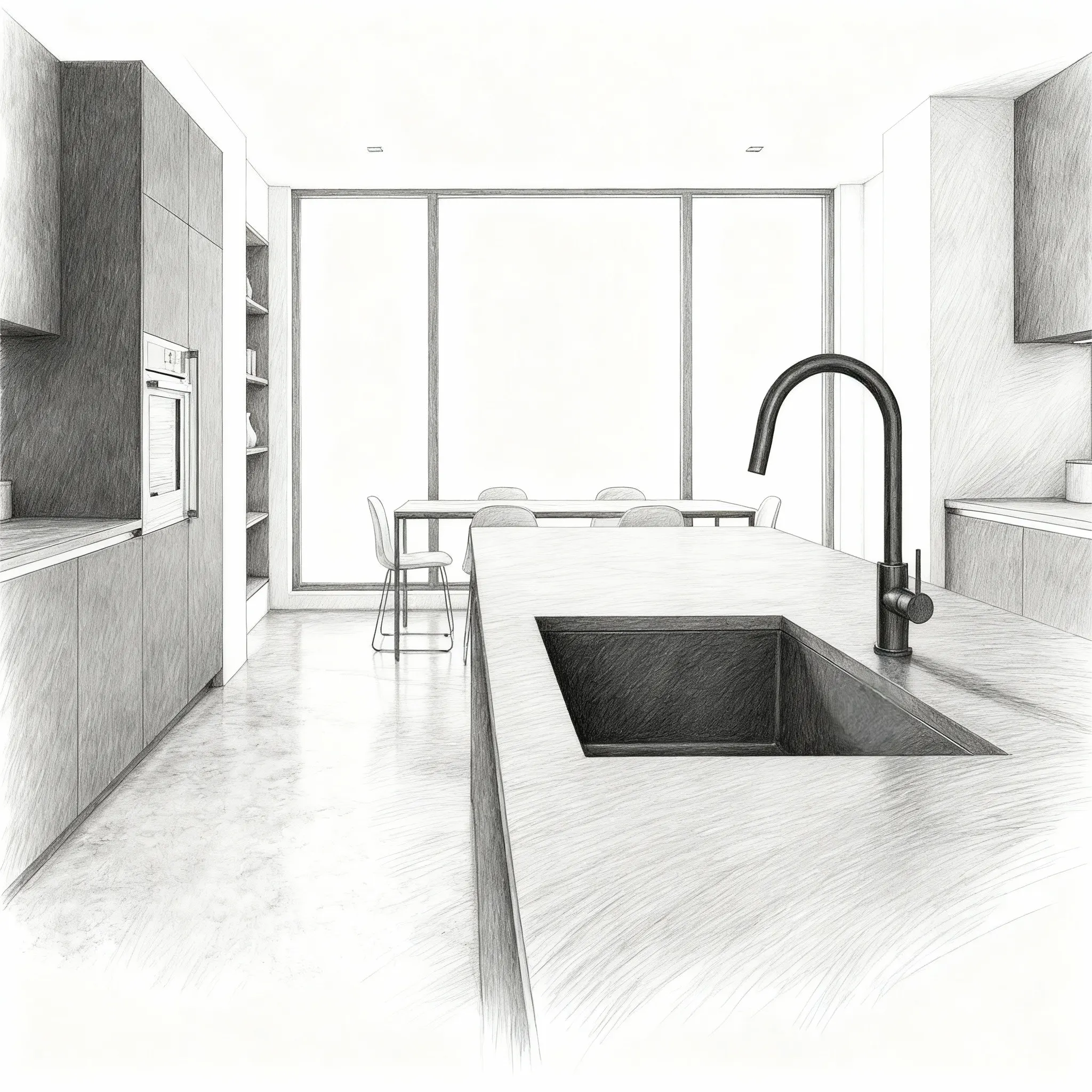 Boceto en blanco y negro del fregadero Disfrutar50.40QZ en una cocina