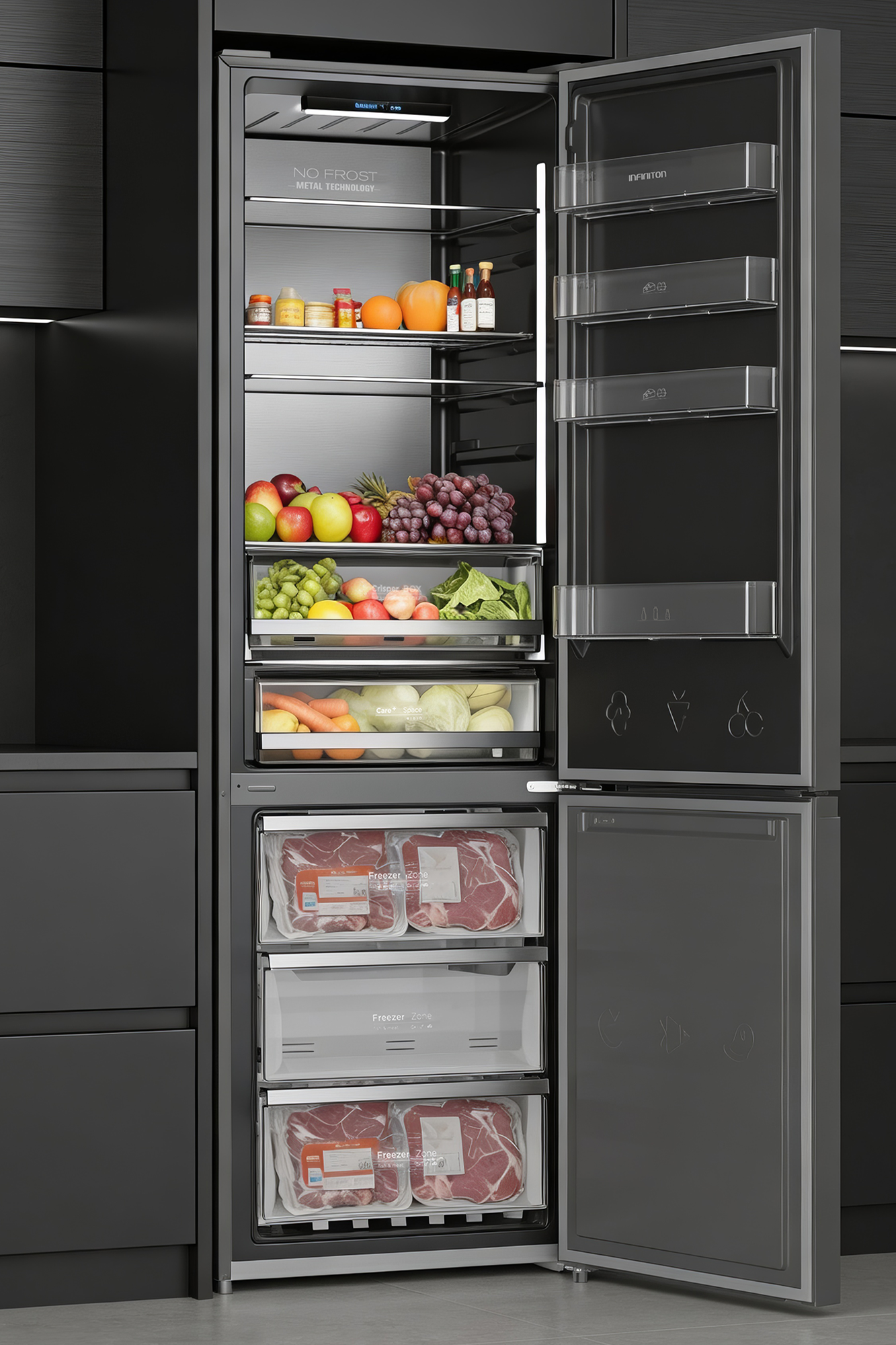 Frigorífico modelo FGC-405C20DAN acabado dark inox abierto con comida