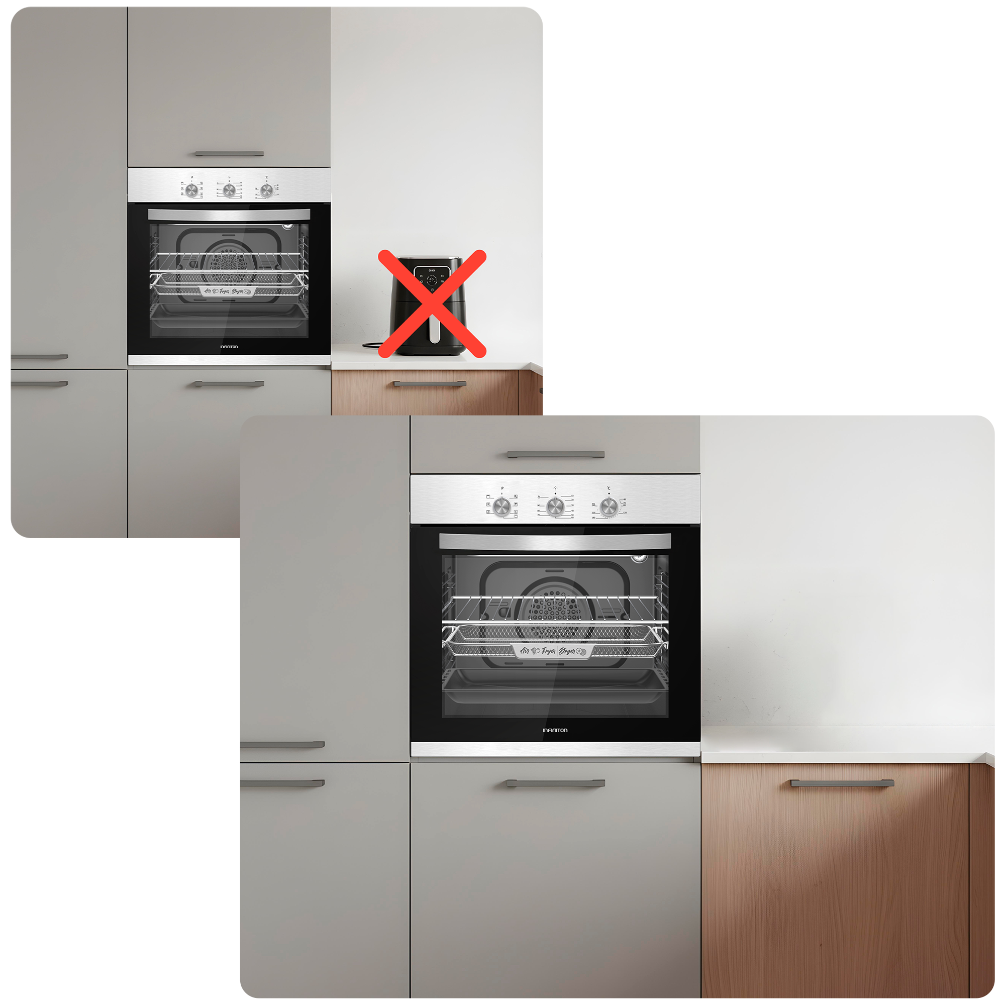 En una foto el horno B698-AF junto a una freidora de aire, y en otra, sin freidora de aire