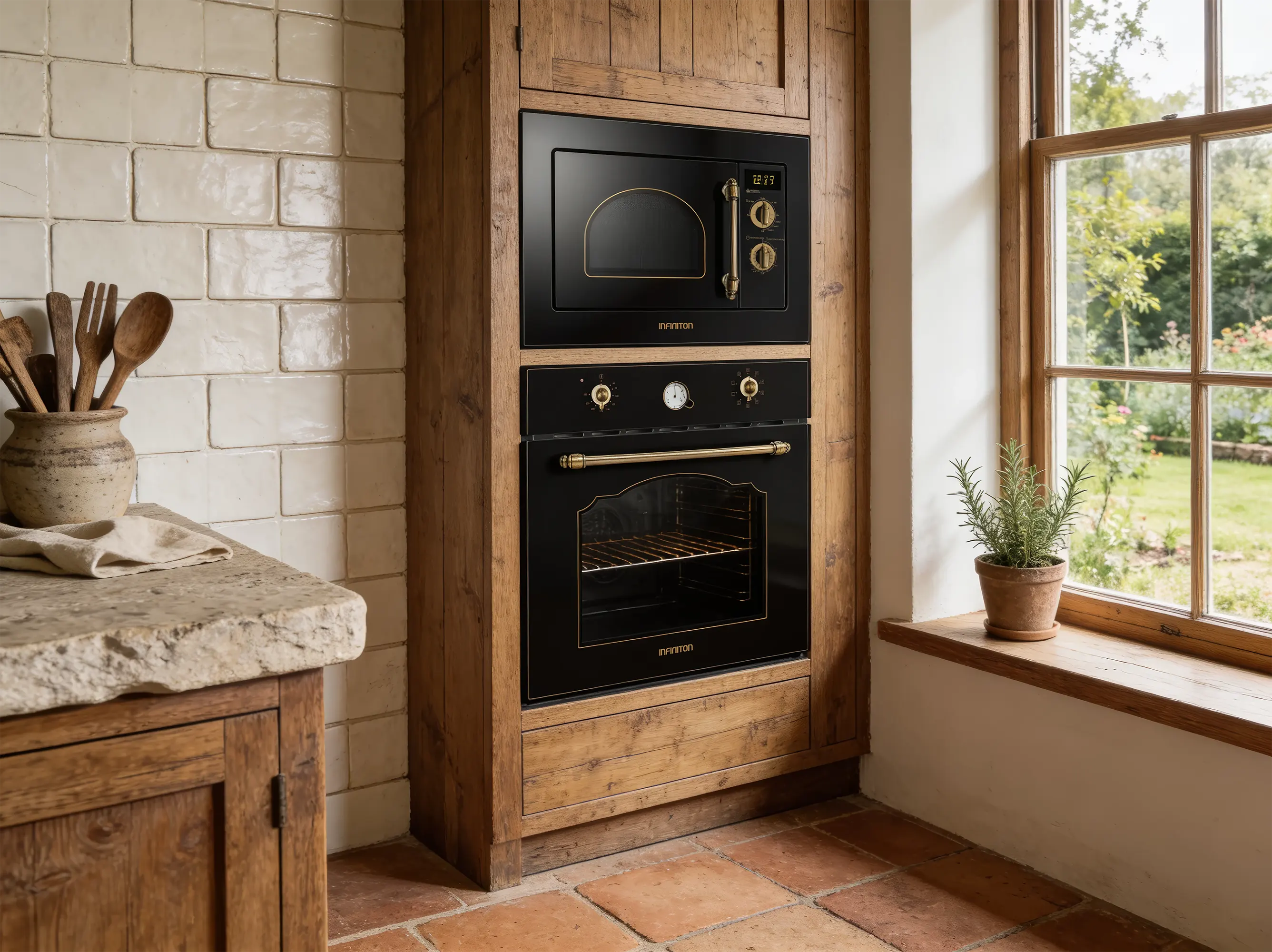 Columna de microondas y horno rústicos en una cocina