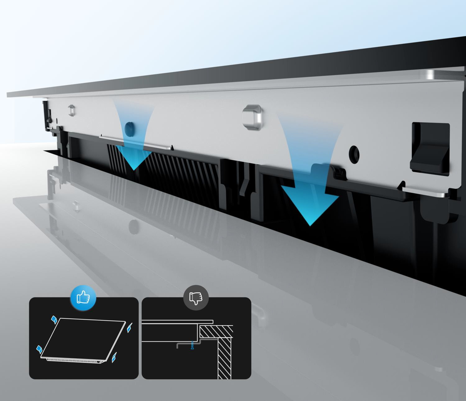 Indicaciones de como instalar el modelo INDF8BK74G38, usando únicamente los 4 soportes incluidos Indicaciones de como instalar el modelo INDF8BK74G38, usando únicamente los 4 soportes incluidos