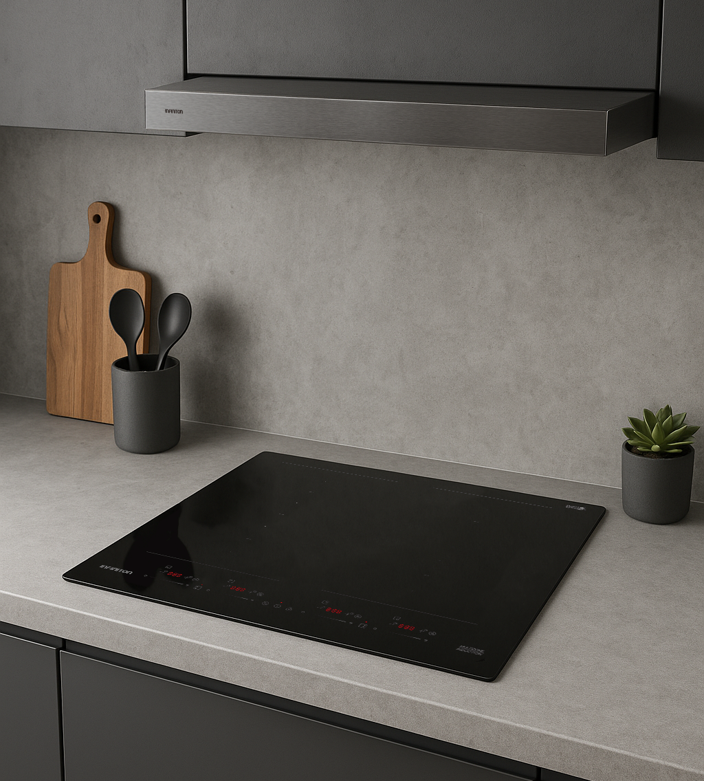 Placa de inducción INDF8BK74G38 integrada en una cocina moderna Placa de inducción INDF8BK74G38 integrada en una cocina moderna