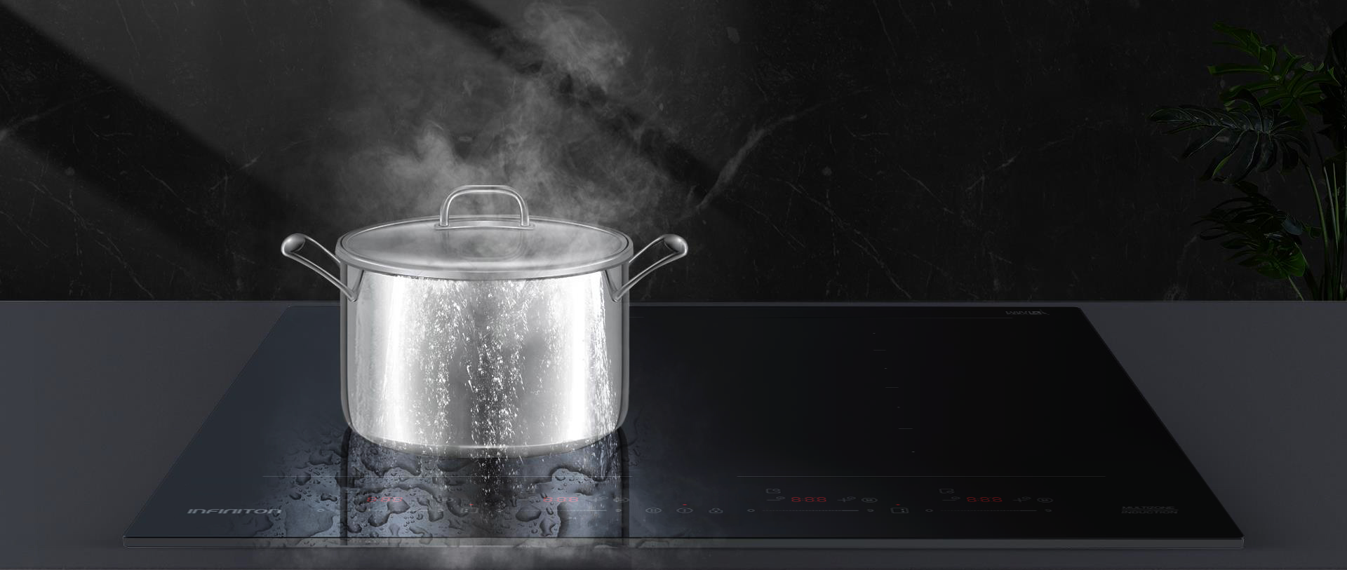 Vertiendose agua de una olla que esta encendida encima de la placa de inducción Vertiendose agua de una olla que esta encendida encima de la placa de inducción