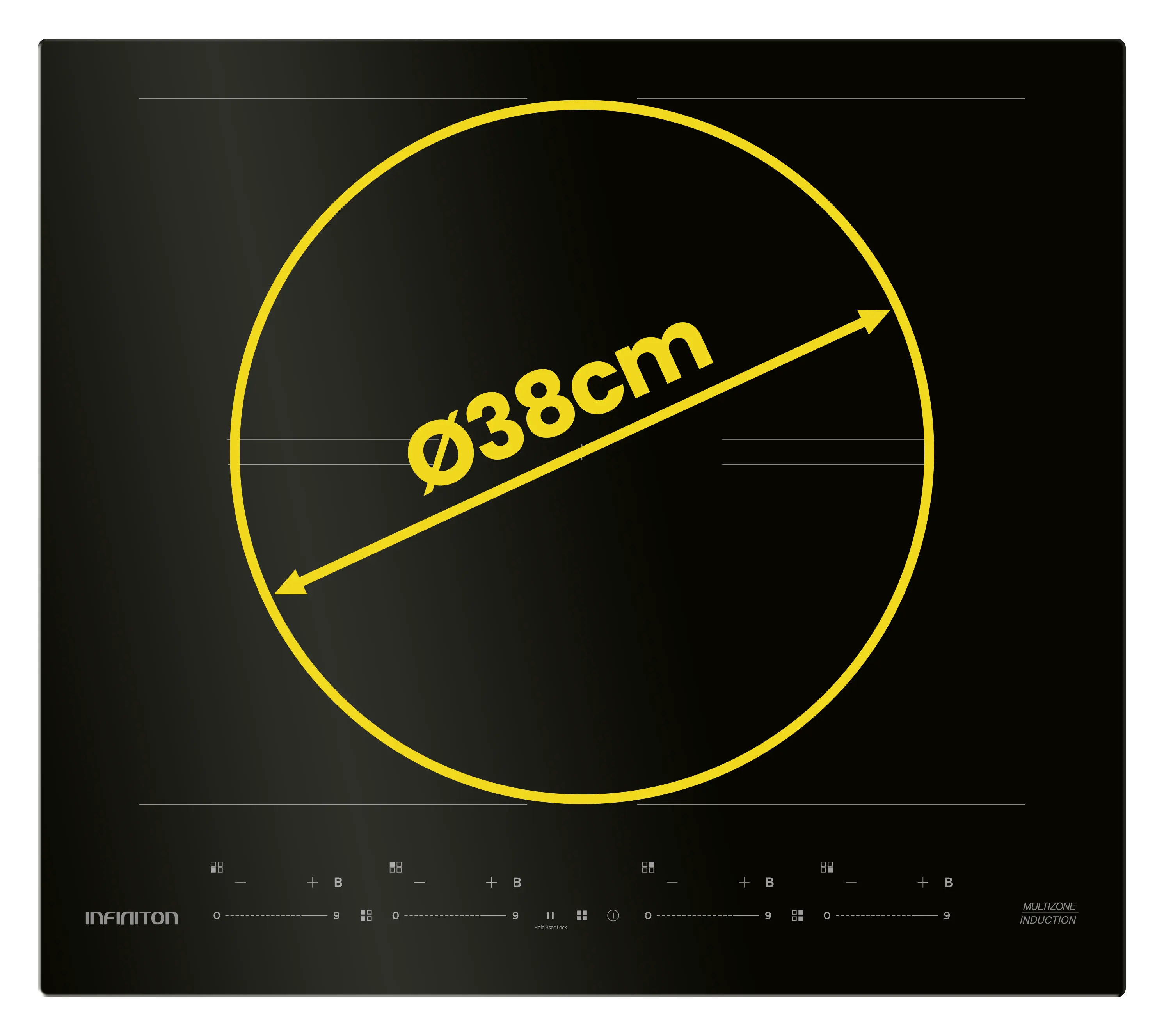 Placa de inducción con la medida de 38cm de diámetro de su zona central