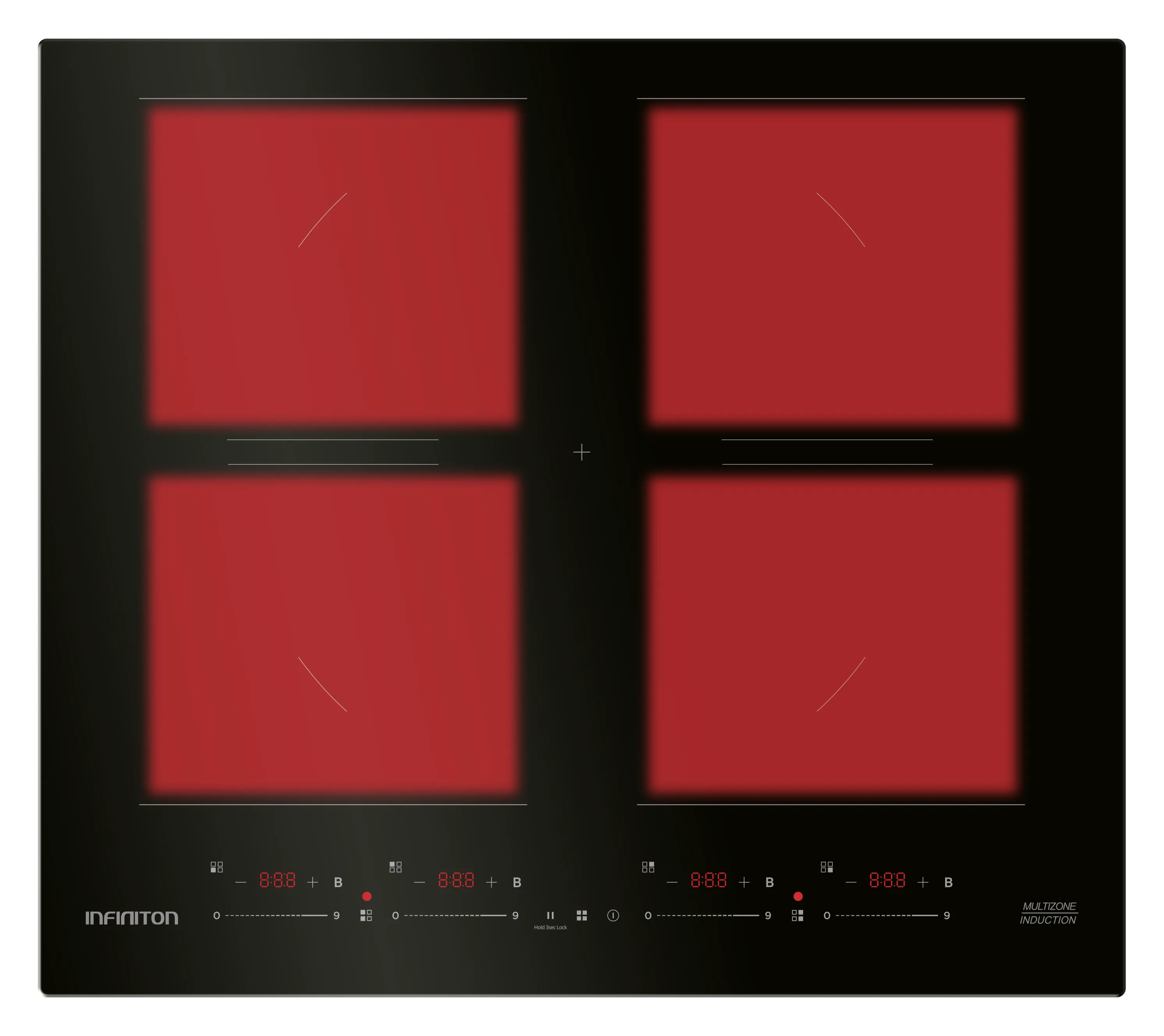 Placa de inducción multizona con sus 4 zonas individuales encendidas