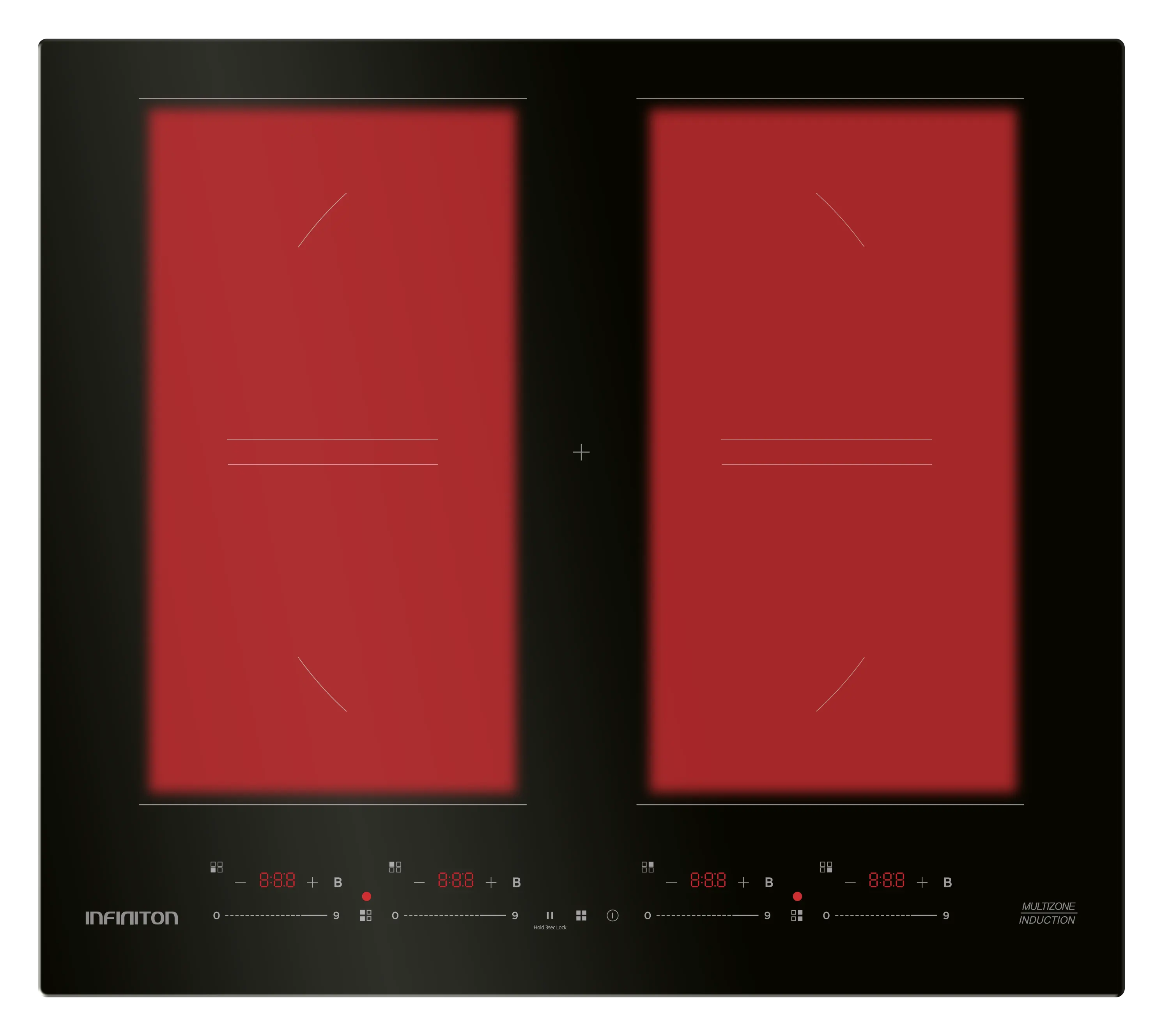 Placa de inducción multizona con sus 2 áreas multizona encendidas