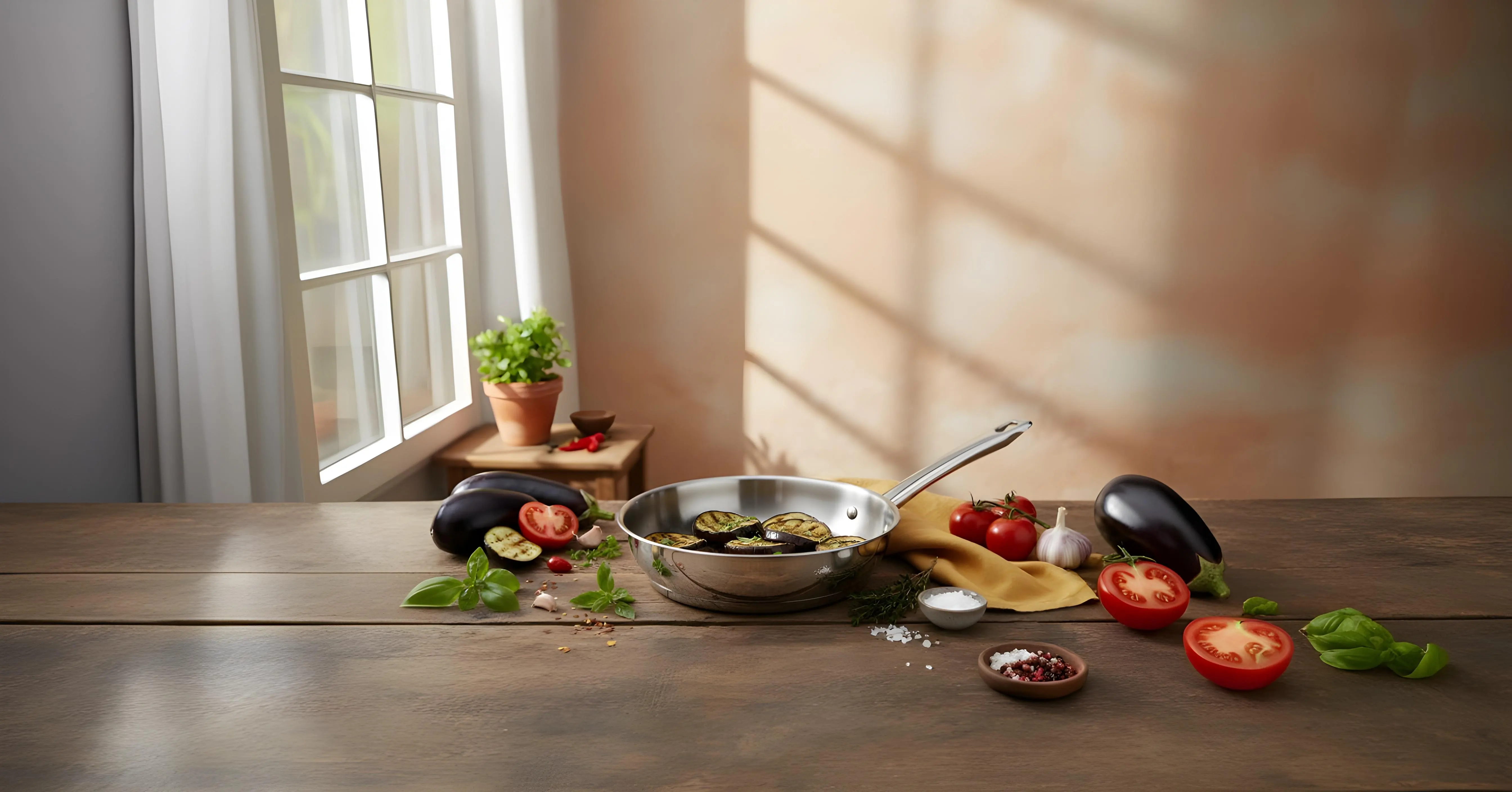 Escena de la sarten en una encimera de cocina