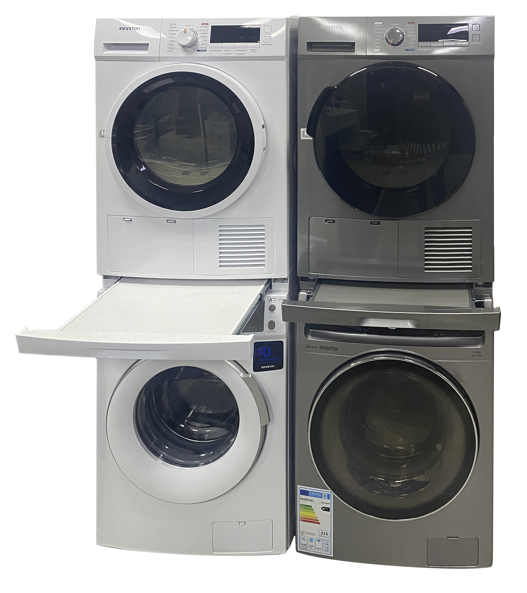 Kit de unión blanco y dark inox con lavadoras y secadoras en ambos colores