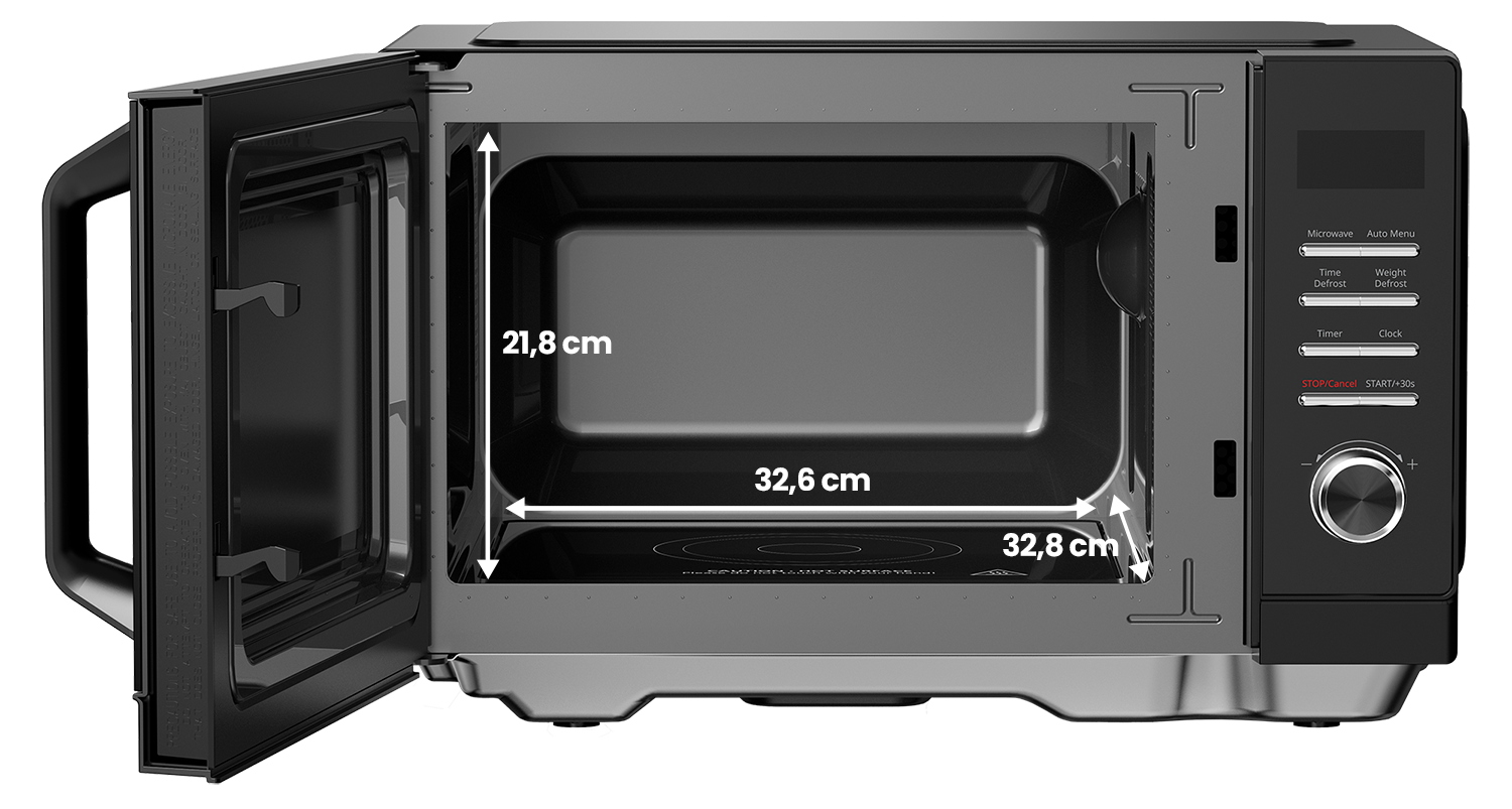 Microondas MW-FB2370 abierto mostrando Flatbed Cavity