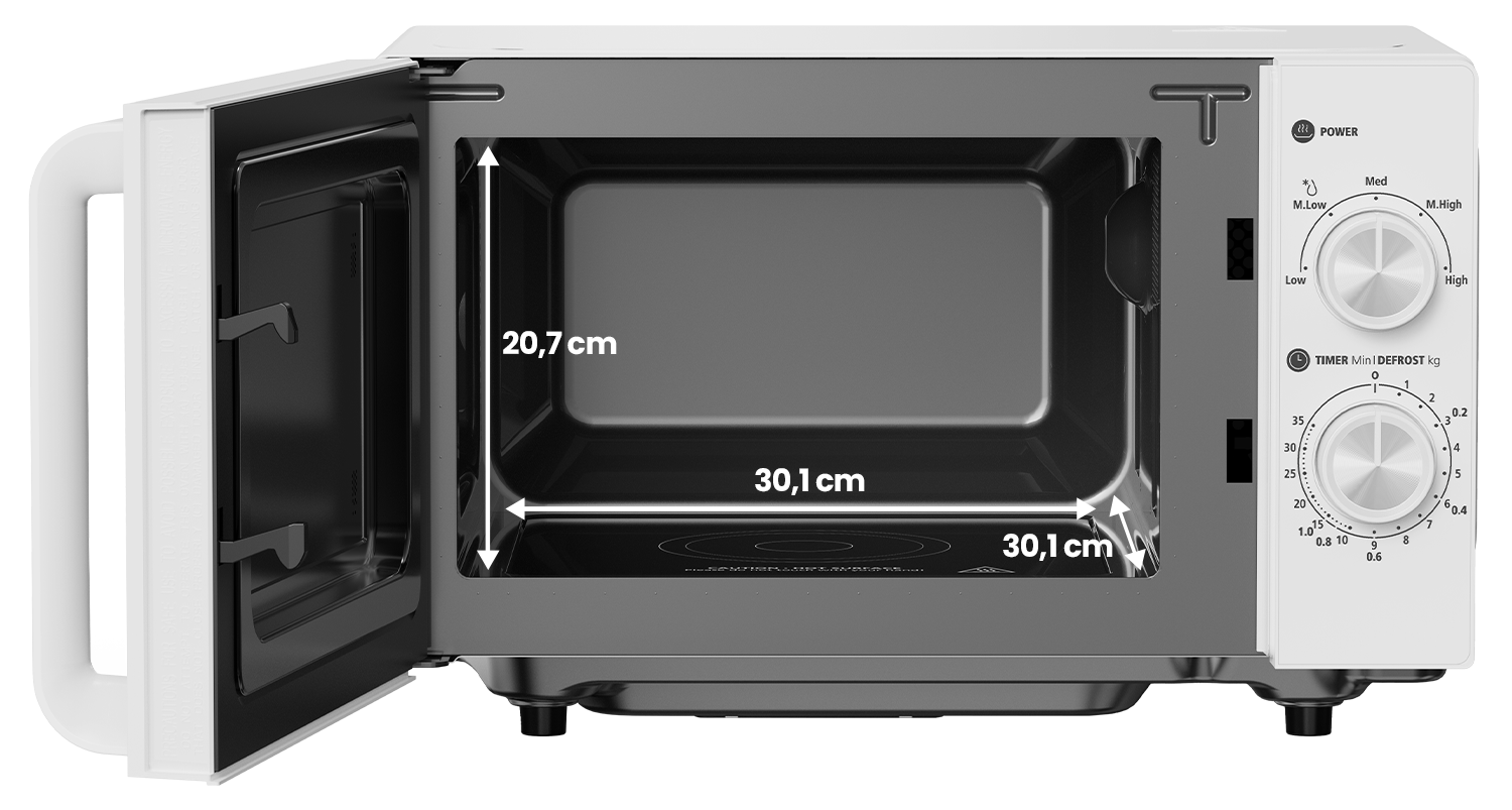 Microondas MW-FW2070 abierto mostrando Flatbed Cavity