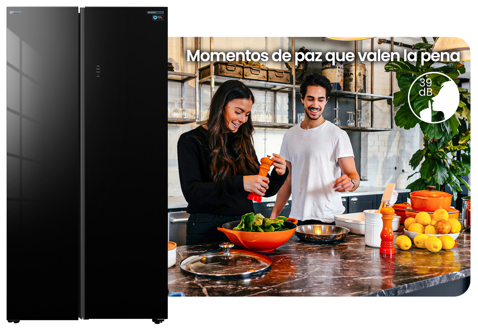 Pareja cocinando feliz debido a que el SBS-630A85NEG tiene Compresor Silent Design Pareja cocinando feliz debido a que el SBS-630A85NEG tiene Compresor Silent Design