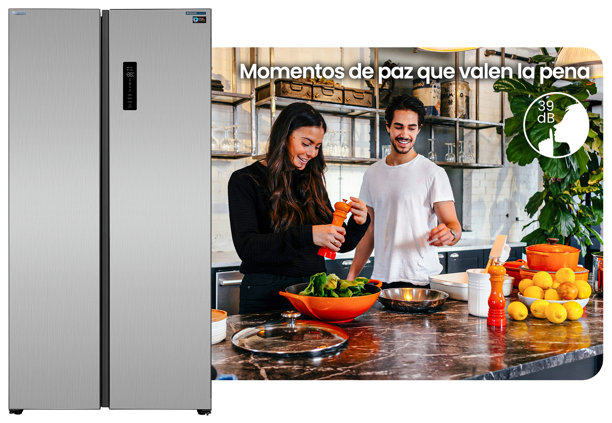 Pareja cocinando feliz debido a que el SBS-630A85XES tiene Compresor Silent Design Pareja cocinando feliz debido a que el SBS-630A85XES tiene Compresor Silent Design