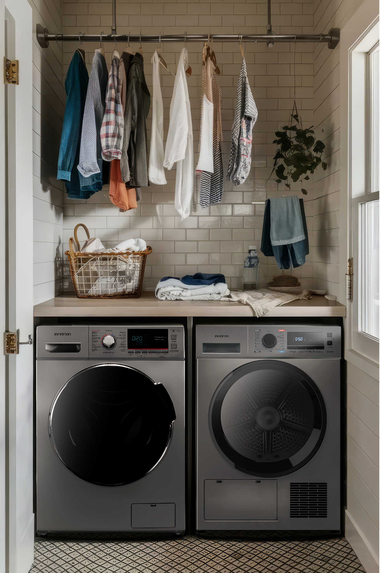 Lavanderia con lavadora y secadora con acabado Dark inox