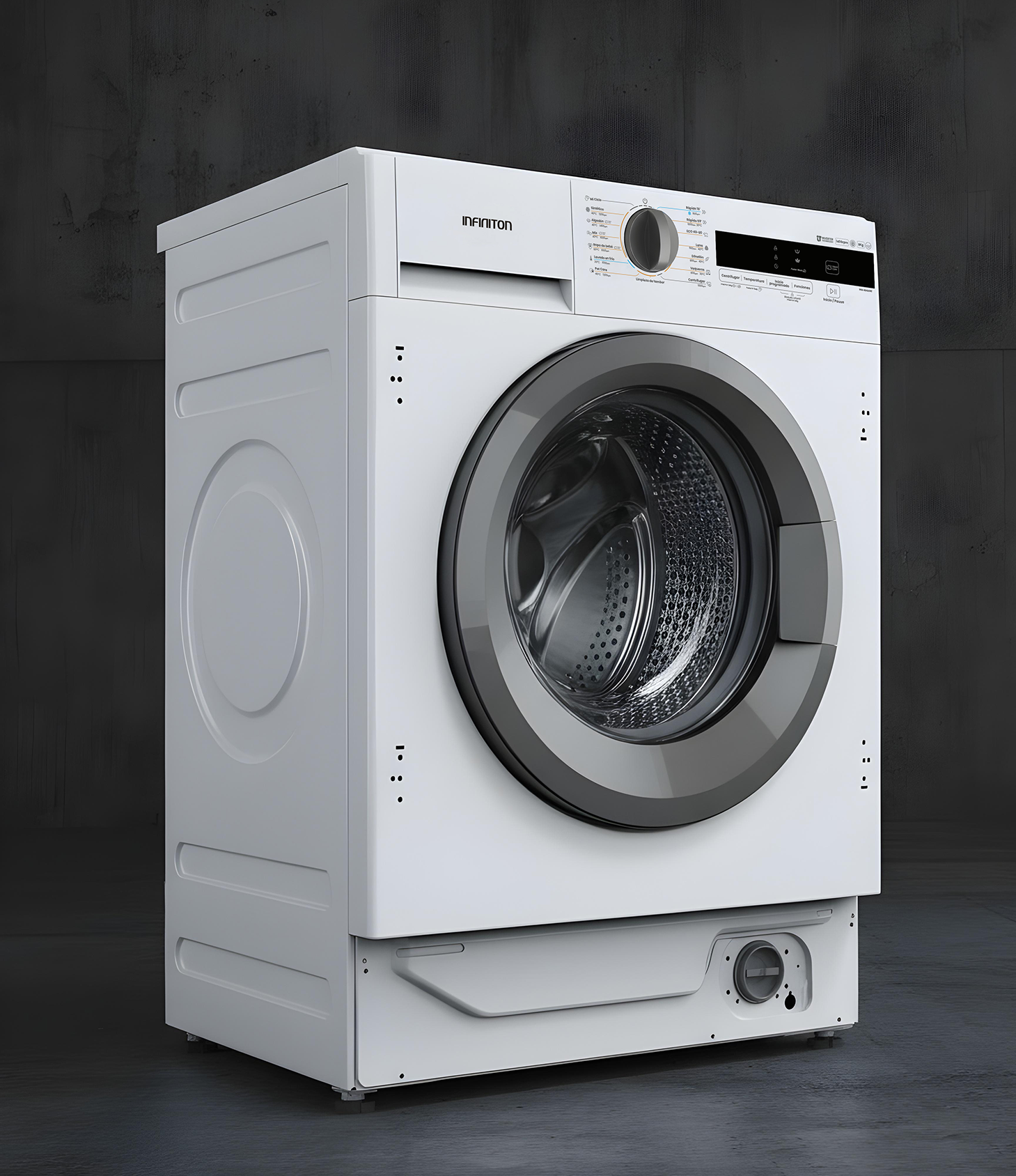 Lavadora del modelo WM-B94AWE en un fondo oscuro